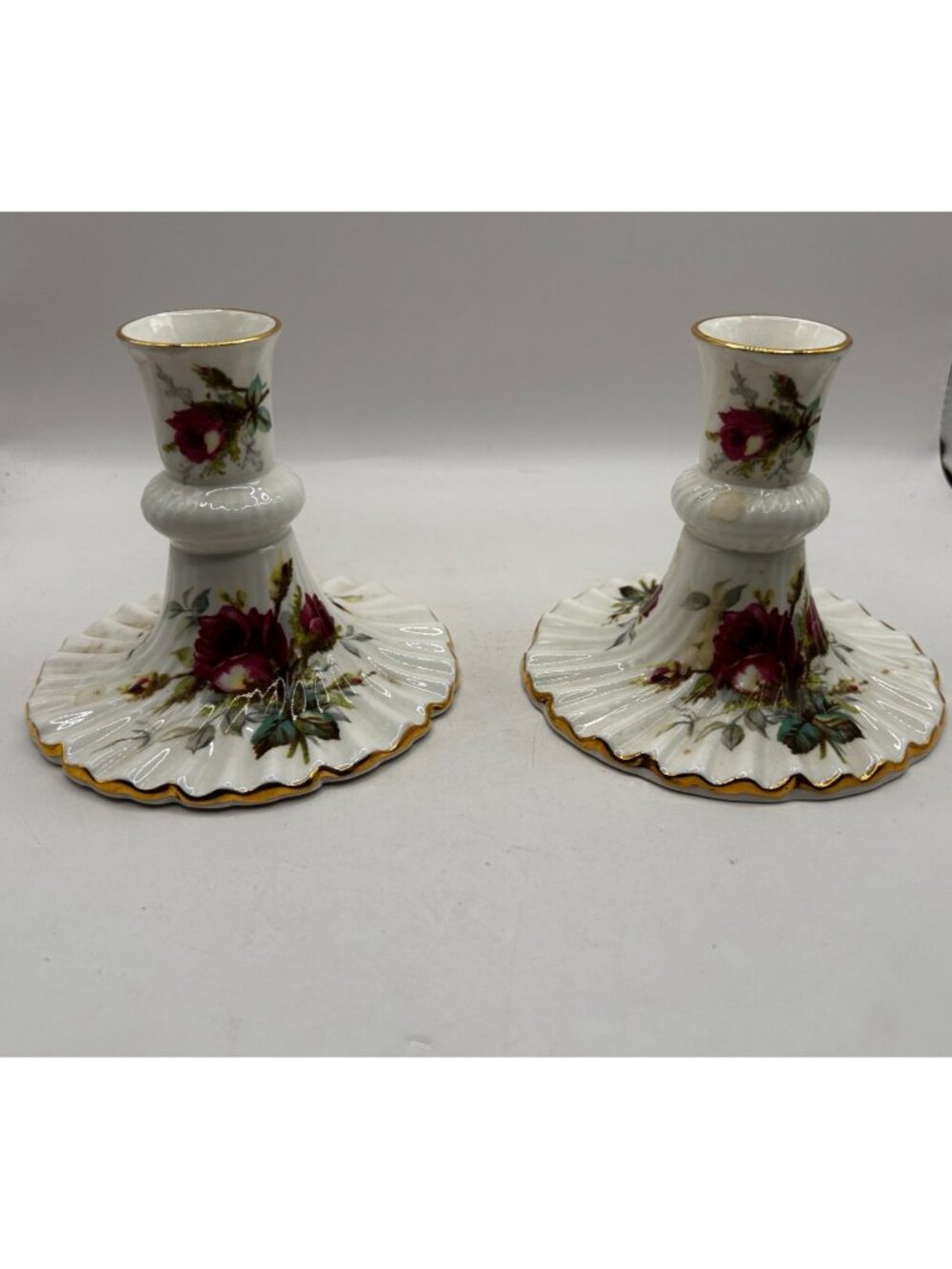 Vintage Hammersley Bone China Candlestick Holders Grandmother's Rose Set Spode S